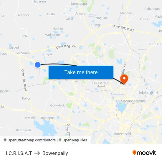 I.C.R.I.S.A.T to Bowenpally map