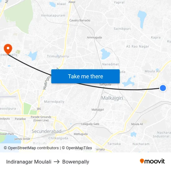 Indiranagar Moulali to Bowenpally map