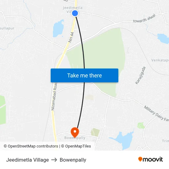 Jeedimetla Village to Bowenpally map