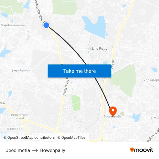 Jeedimetla to Bowenpally map