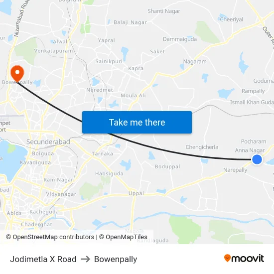 Jodimetla X Road to Bowenpally map