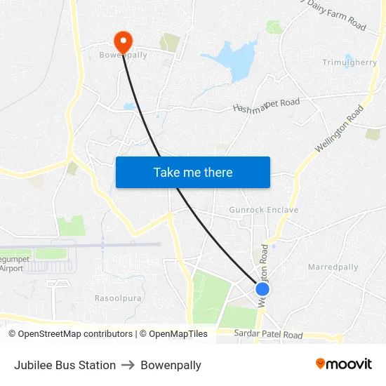 Jubilee Bus Station to Bowenpally map