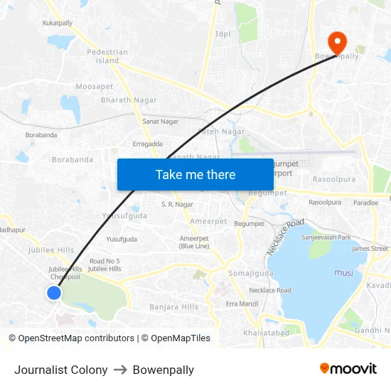 Journalist Colony to Bowenpally map