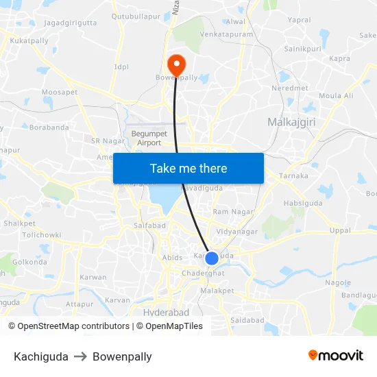 Kachiguda to Bowenpally map