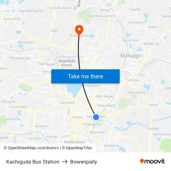 Kachiguda Bus Station to Bowenpally map