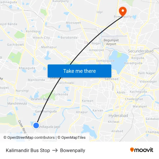 Kalimandir Bus Stop to Bowenpally map