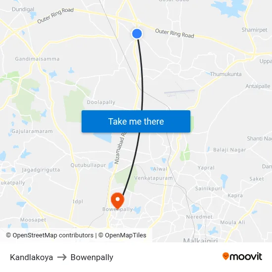 Kandlakoya to Bowenpally map