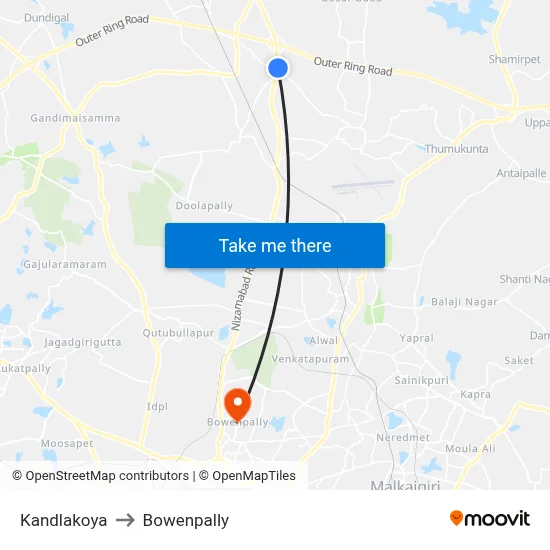 Kandlakoya to Bowenpally map