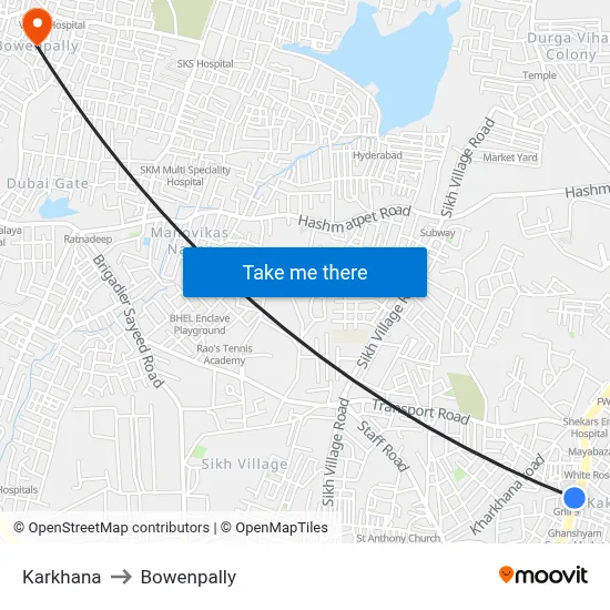 Karkhana to Bowenpally map