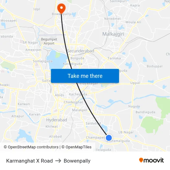 Karmanghat X Road to Bowenpally map
