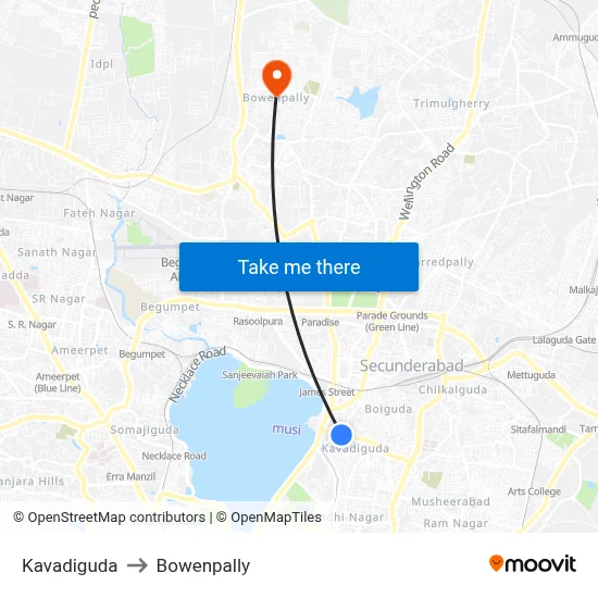 Kavadiguda to Bowenpally map