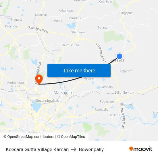 Keesara Gutta Village Kaman to Bowenpally map
