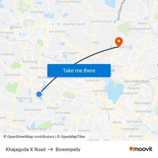 Khajaguda X Road to Bowenpally map