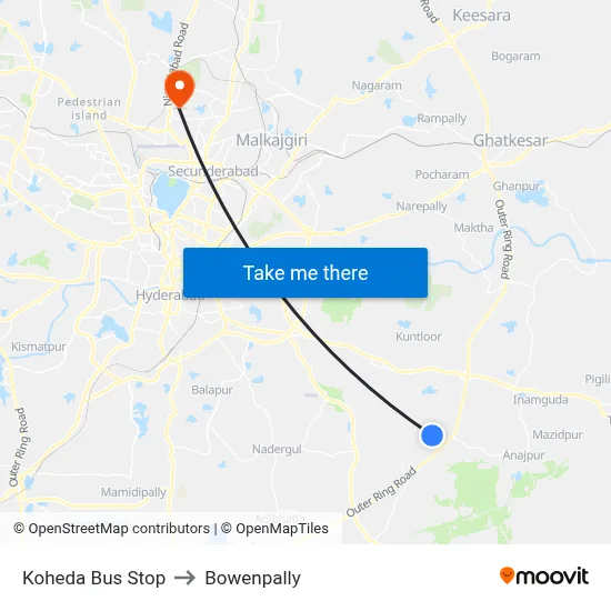 Koheda Bus Stop to Bowenpally map