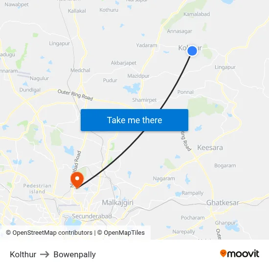 Kolthur to Bowenpally map