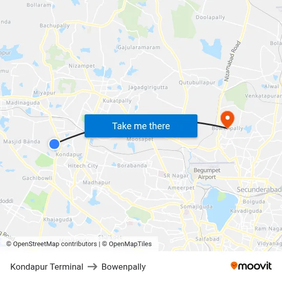 Kondapur Terminal to Bowenpally map