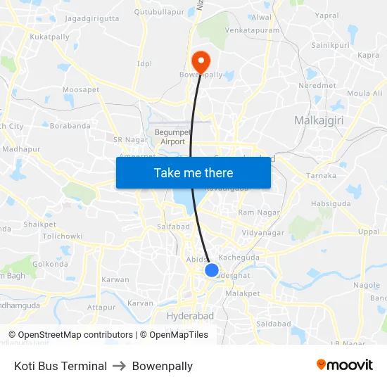 Koti Bus Terminal to Bowenpally map