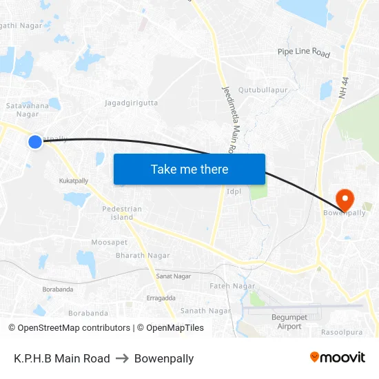 K.P.H.B Main Road to Bowenpally map