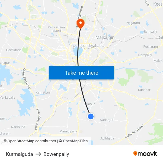 Kurmalguda to Bowenpally map