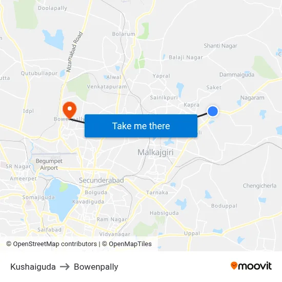 Kushaiguda to Bowenpally map
