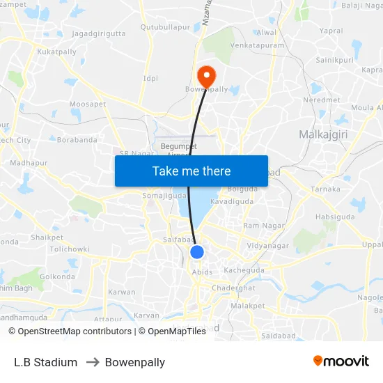 L.B Stadium to Bowenpally map