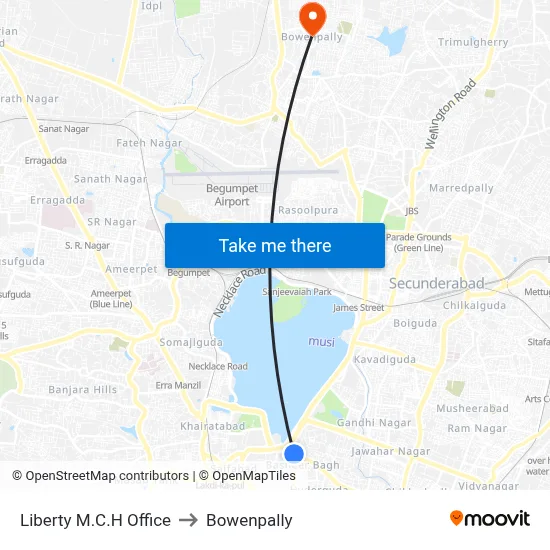 Liberty M.C.H Office to Bowenpally map