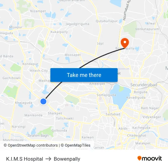 K.I.M.S Hospital to Bowenpally map