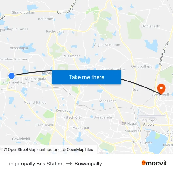Lingampally Bus Station to Bowenpally map
