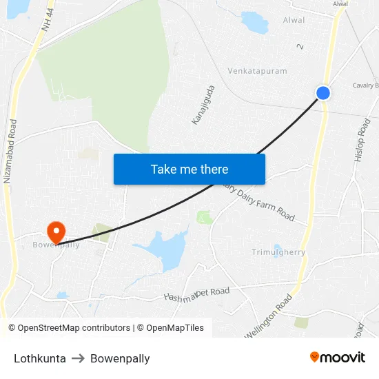 Lothkunta to Bowenpally map