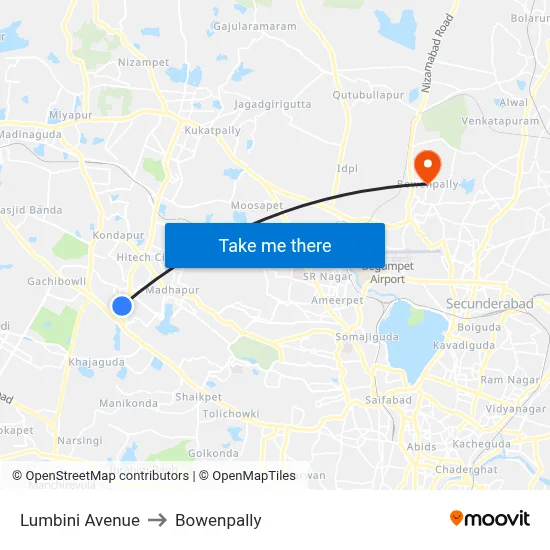 Lumbini Avenue to Bowenpally map