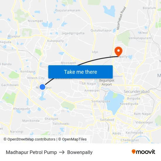Madhapur Petrol Pump to Bowenpally map