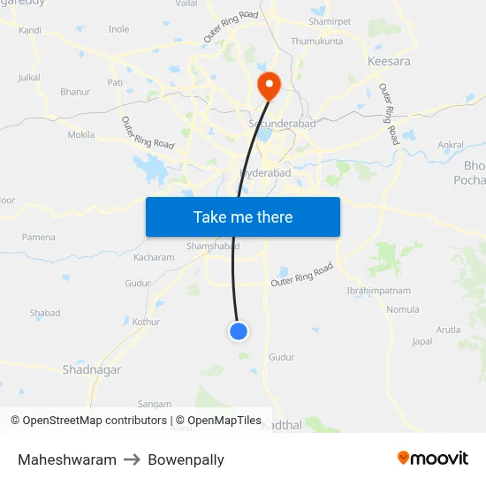 Maheshwaram to Bowenpally map