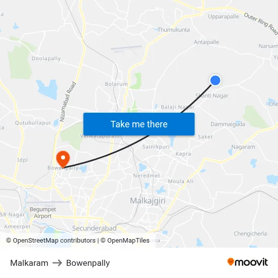 Malkaram to Bowenpally map