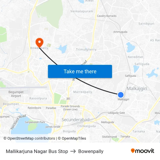 Mallikarjuna Nagar Bus Stop to Bowenpally map