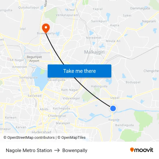 Nagole Metro Station to Bowenpally map