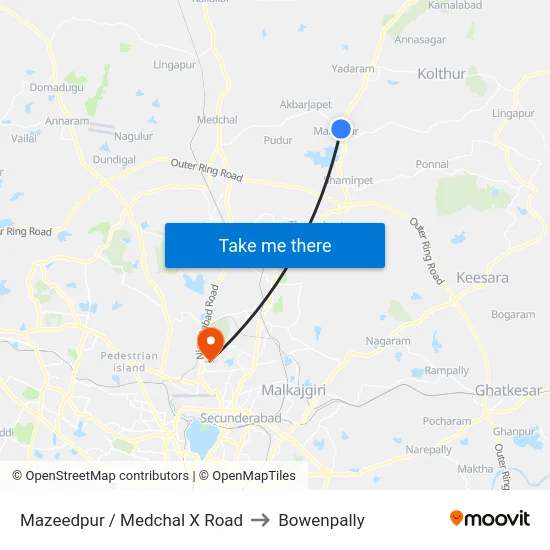 Mazeedpur / Medchal X Road to Bowenpally map