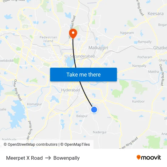 Meerpet X Road to Bowenpally map