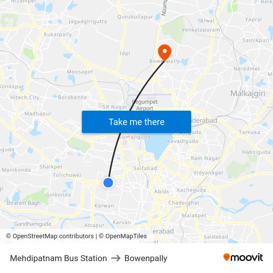Mehdipatnam Bus Station to Bowenpally map