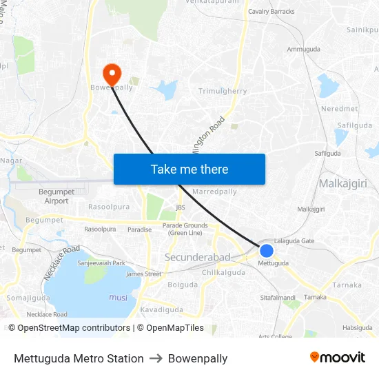 Mettuguda Metro Station to Bowenpally map