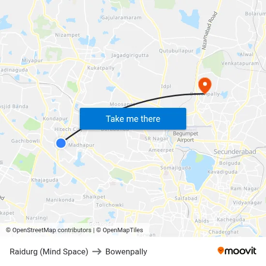 Raidurg (Mind Space) to Bowenpally map
