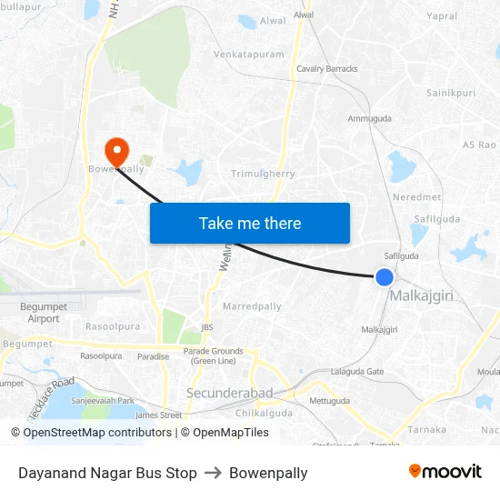 Dayanand Nagar Bus Stop to Bowenpally map