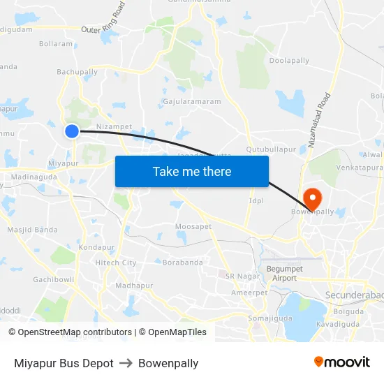 Miyapur Bus Depot to Bowenpally map