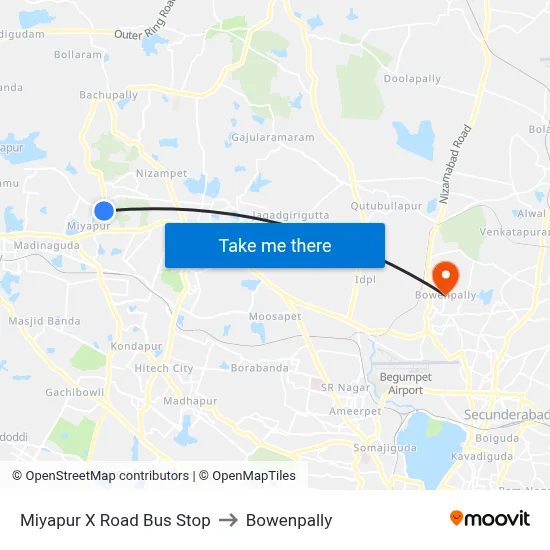 Miyapur X Road Bus Stop to Bowenpally map