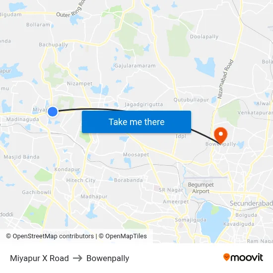 Miyapur X Road to Bowenpally map