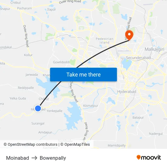 Moinabad to Bowenpally map