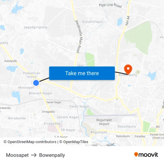 Moosapet to Bowenpally map