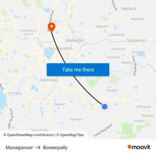 Munaganoor to Bowenpally map