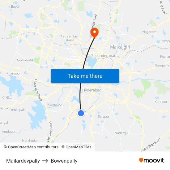 Mailardevpally to Bowenpally map