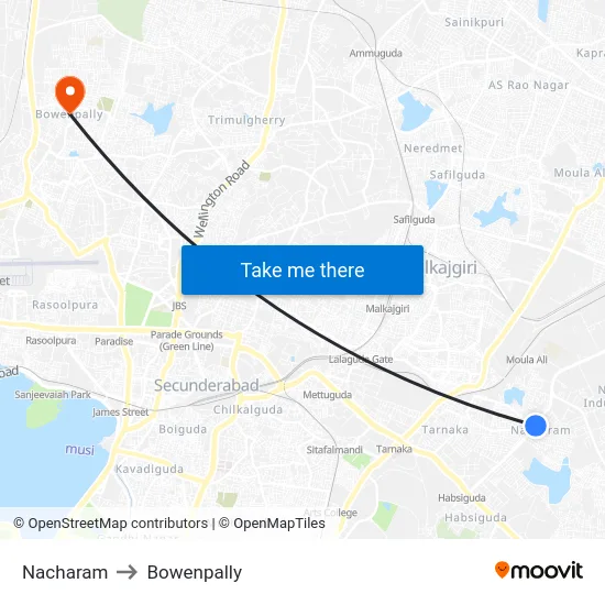 Nacharam to Bowenpally map
