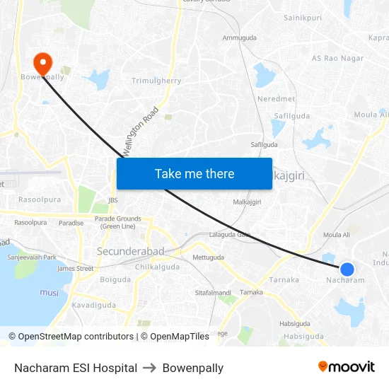 Nacharam ESI Hospital to Bowenpally map